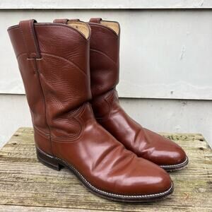 Vintage 80s Justin Cognac Brown Roper Cowboy Boots 9B